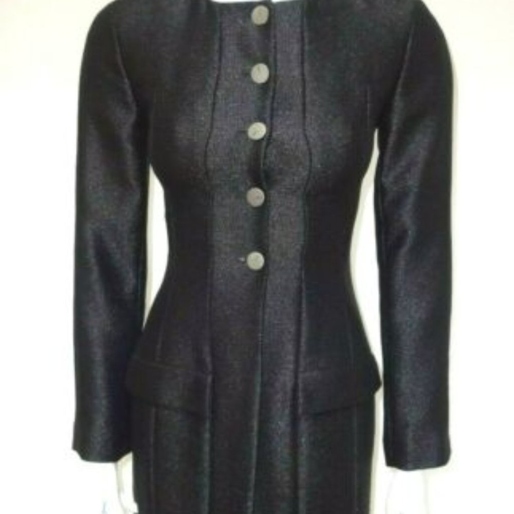 CHANEL Auth Black Shimmery Button Front Long Fitted Blazer Jacket 34
